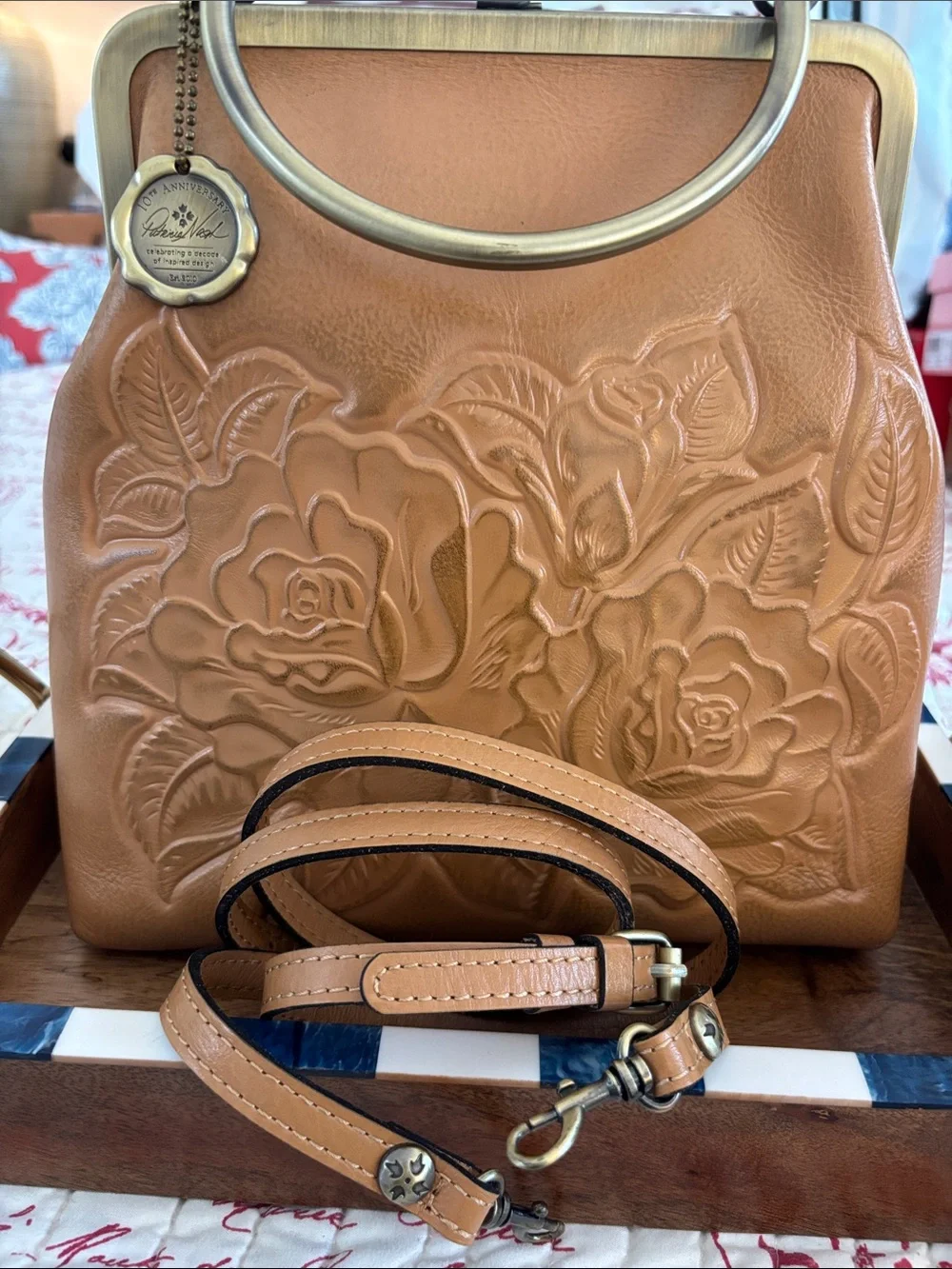 Patricia Nash Novelle Rose Embossed Leather Frame-Top Satchel - Tan
